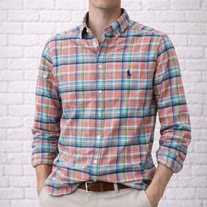 Ralph Lauren Orange Plaid Button Front Long Sleeve Shirt Size M